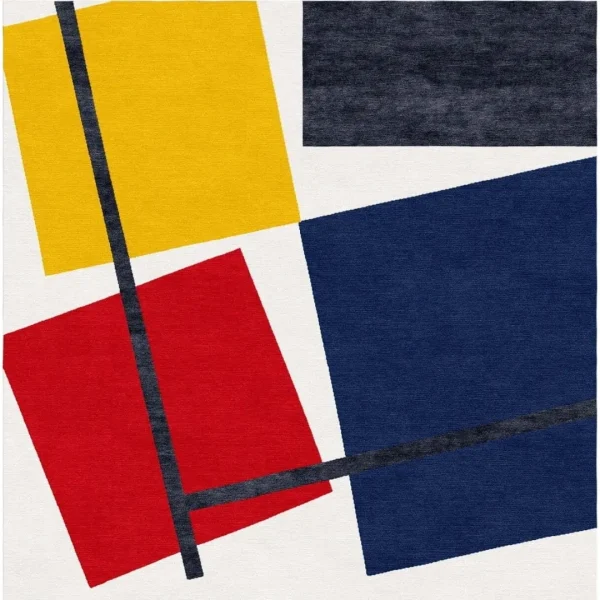 Tapis fait main sur mesure inspiré du tableau « Contre-composition simultanée » de Theo van Doesburg. Les couleurs sont le blanc, le rouge, le jaune, le bleu et le noir.