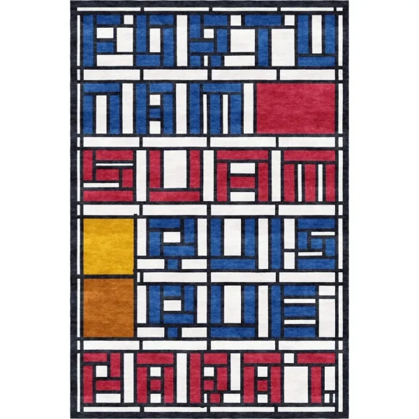Buntglasfenster (Bleiglas) "Fortunam Suam Quisque Parat", maßgefertigter handgefertigter Teppich nach Theo van Doesburg, Teppich von Rug Your Life. Farben sind weiß, rot, blau, gelb und schwarz