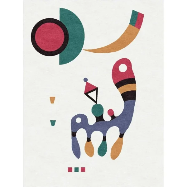 Peinture « Composition » (1944) de Wassily Kandinsky, reproduite sous forme de tapis artisanal sur mesure par Rug Your Life. Les couleurs du tapis sont le blanc crème, le bleu, le rouge et le vert.