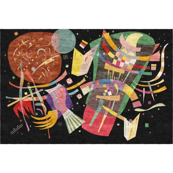 Maßgefertigter handgefertigter Teppich von Rug Your Life, inspiriert vom Gemälde „Komposition X” von Wassily Kandinsky. Die Hauptfarbe des Teppichs ist Schwarz, mit vielen leuchtenden Farben.