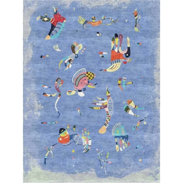 Maßgefertigter handgefertigter Teppich von Rug Your Life, inspiriert vom Gemälde „Himmelblau“ von Wassily Kandinsky. Die Farben des Teppichs sind Hellblau und verschiedene leuchtende Farben.