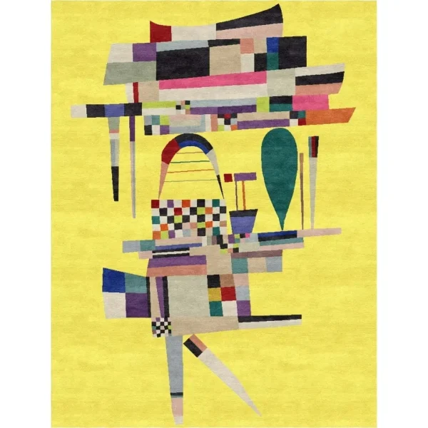 Handgefertigter Teppich nach dem Gemälde „Gelbe Malerei“ von Wassily Kandinsky. Von Rug Your Life in limitierter Auflage handgefertigt.