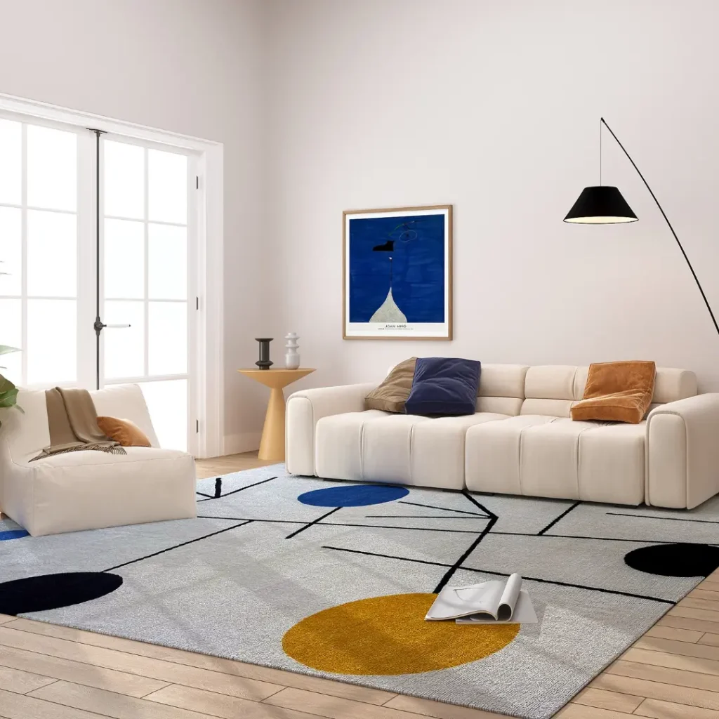 Tapis artisanal sur mesure inspiré du tableau « Équilibre » de Sophie Taeuber-Arp. Les couleurs principales du tapis sont le blanc, le jaune, le bleu et le noir. Tapis en édition limitée numérotée, par Rug Your Life.
