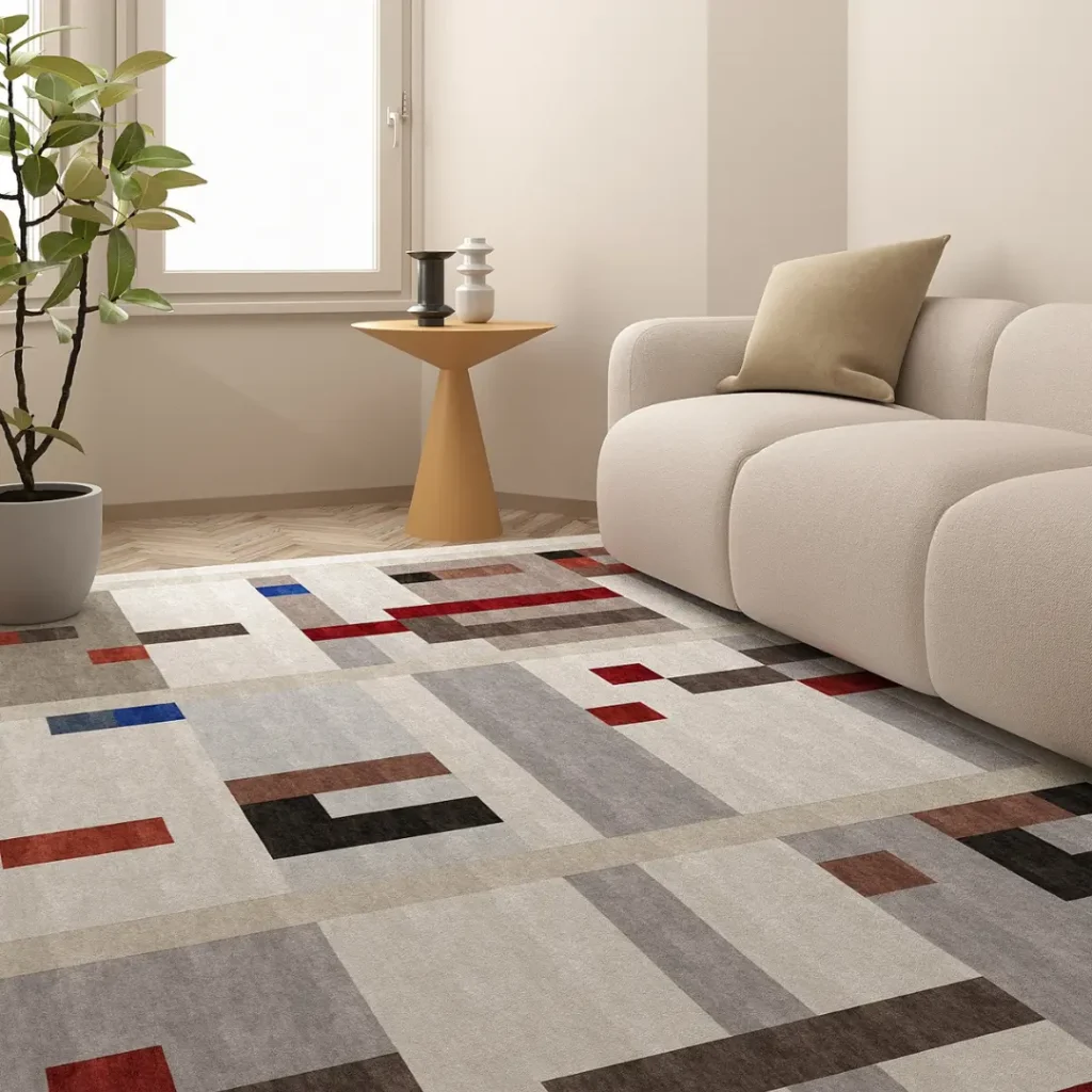 Tappeto artigianale personalizzato ispirato al dipinto “Composizione verticale e orizzontale” di Sophie Taeuber-Arp. I colori principali del tappeto sono crema, grigio, marrone chiaro e rosso intenso. Tappeto in edizione limitata numerata, realizzato da Rug Your Life.