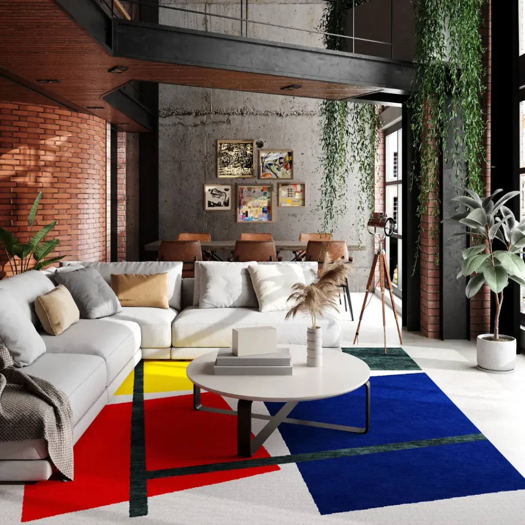 Theo van Doesburgs Gemälde „Simultane Counter-Komposition“ als handgefertigter Teppich von Rug Your Life. Die Farben sind Weiß, Rot, Gelb, Blau und Schwarz.