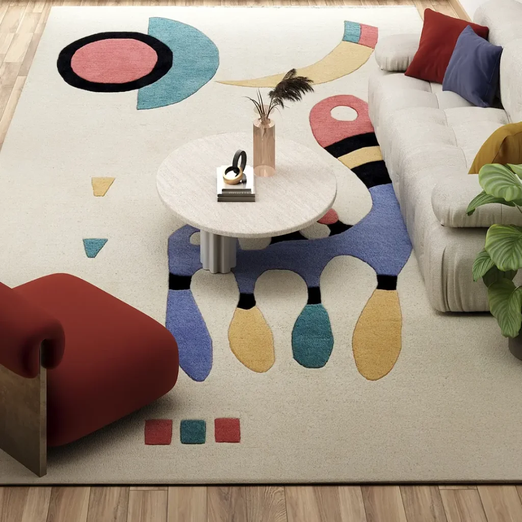Tapis fait main par Rug Your Life, inspiré du tableau « Composition » (1944) de Wassily Kandinsky. Les couleurs du tapis sont le blanc crème, le bleu, le rouge et le vert. Tapis photographié dans un salon.