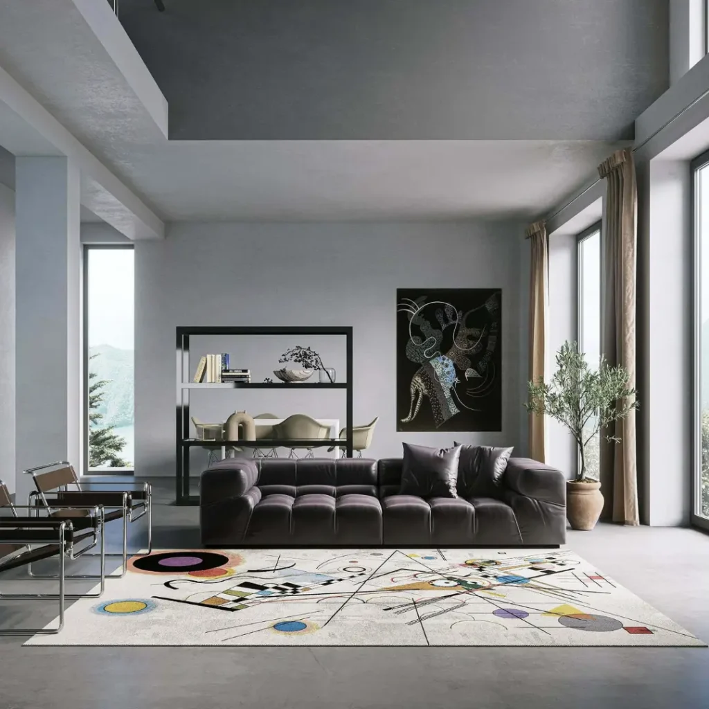 Tapis artisanal personnalisé réalisé par Rug Your Life d'après le tableau « Composition VIII » de Wassily Kandinsky. La couleur principale du tapis est crème, avec de nombreuses couleurs vives. Dans un intérieur.