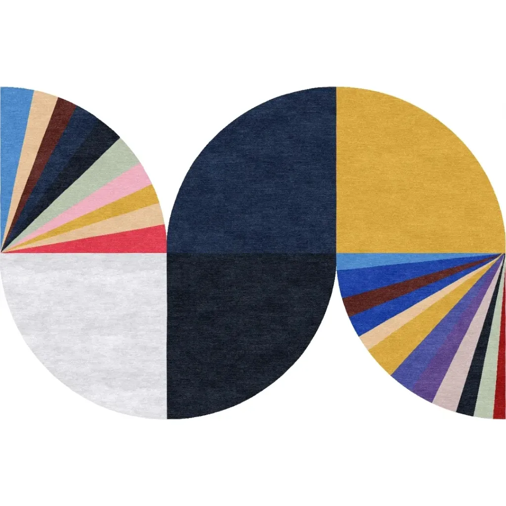 Domenica Brockmans Kunstwerk „Painted Bunting” als Teppichvisualisierung – weiß, dunkelblau, gelb