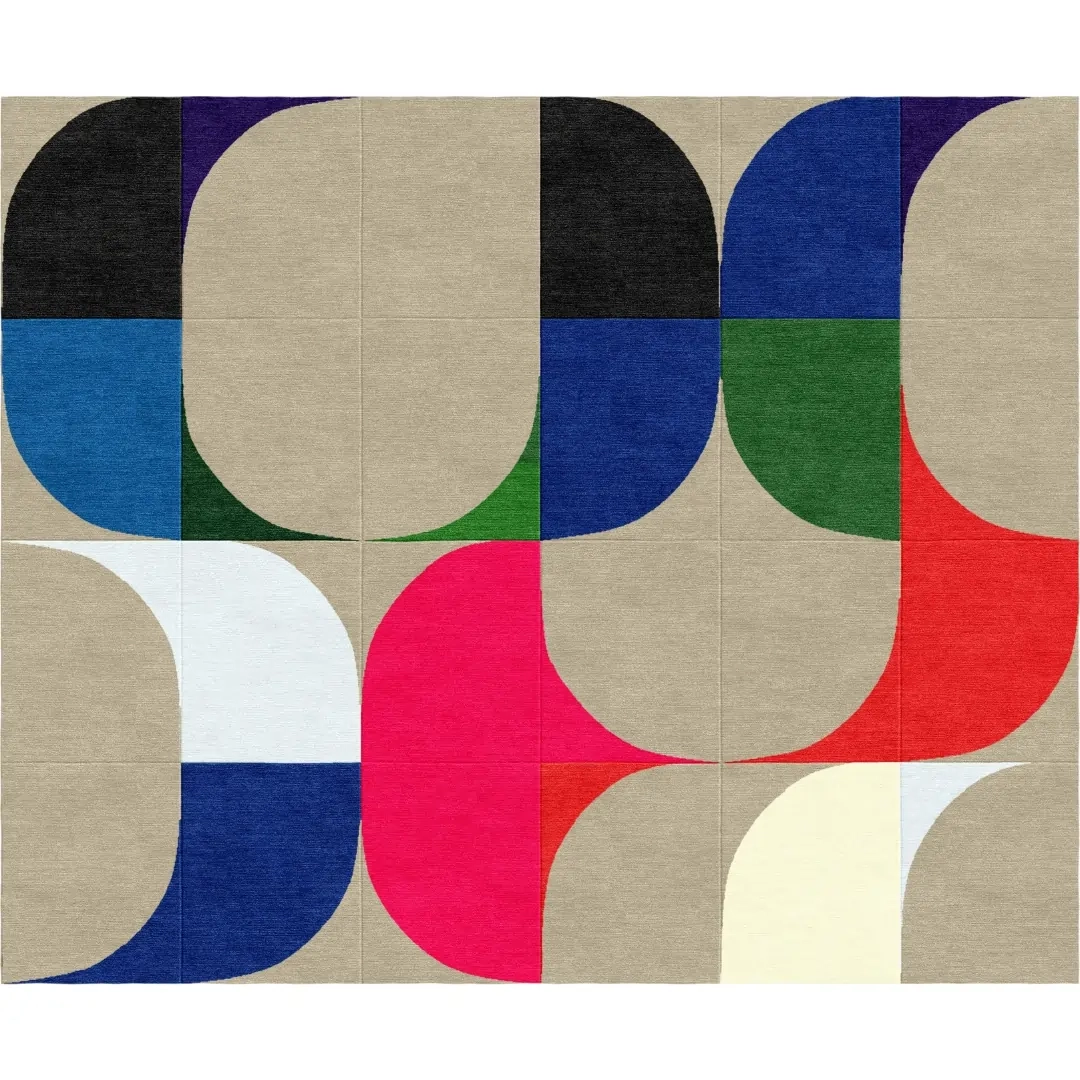Domenica Brockmans Kunstwerk „The Swans“ als Teppichvisualisierung – braun, blau, grün, schwarz, rosa