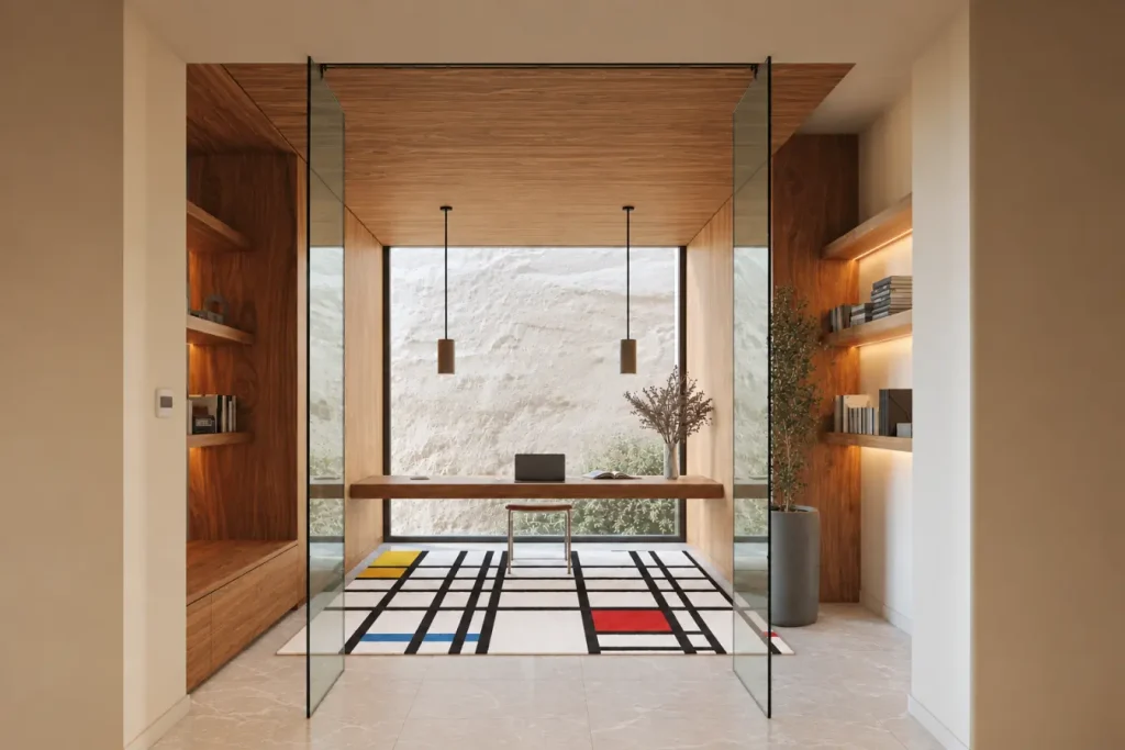 Un bureau à domicile moderne doté d'un tapis noué à la main inspiré des peintures géométriques abstraites de Piet Mondrian. Son fond crème est traversé par des lignes noires audacieuses et rehaussé de blocs de rouge, de jaune et de bleu primaires, transposant les compositions emblématiques De Stijl de Mondrian dans un design textile.